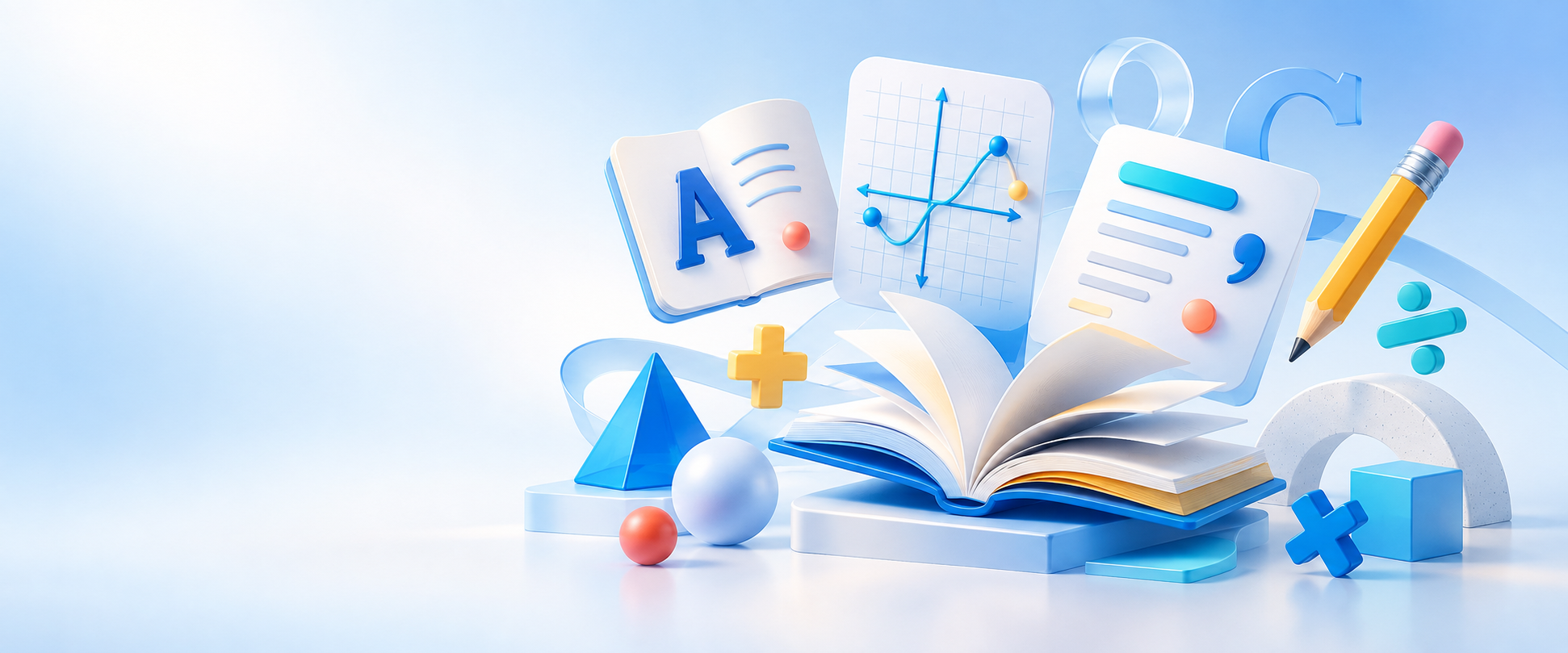 Books, math symbols, a pencil, and a rising learning chart in a polished blue and green illustration